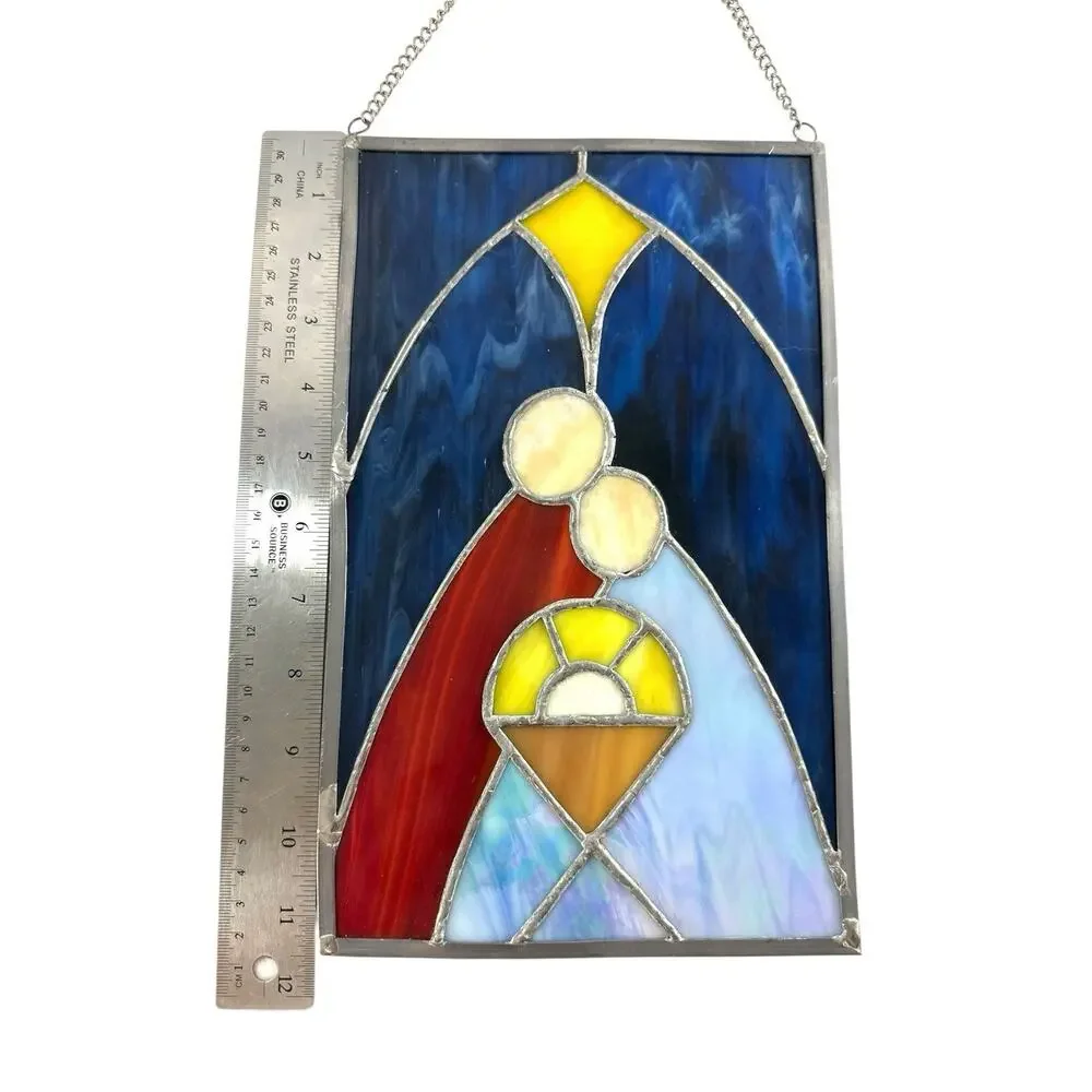 Vintage Stained Glass Nativity Suncatcher Holy Family Jesus Bethlehem Star 19”